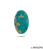 Natural blue-green Neyshabur turquoise oval cabochon with tan matrix, front view - T48