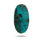 Natural teal-blue Neyshabur turquoise elongated oval cabochon with dark matrix and golden flecks, front view - T50