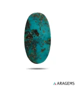 Natural teal-blue Neyshabur turquoise elongated oval cabochon with dark matrix and golden flecks, front view - T50