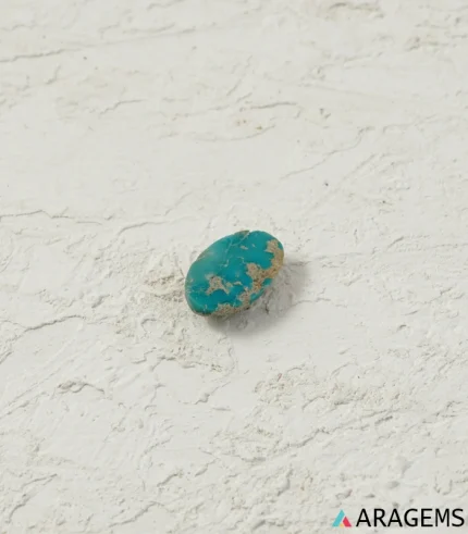 Hand holding natural Neyshabur turquoise oval cabochon showing its 8 x 12 mm size - T48