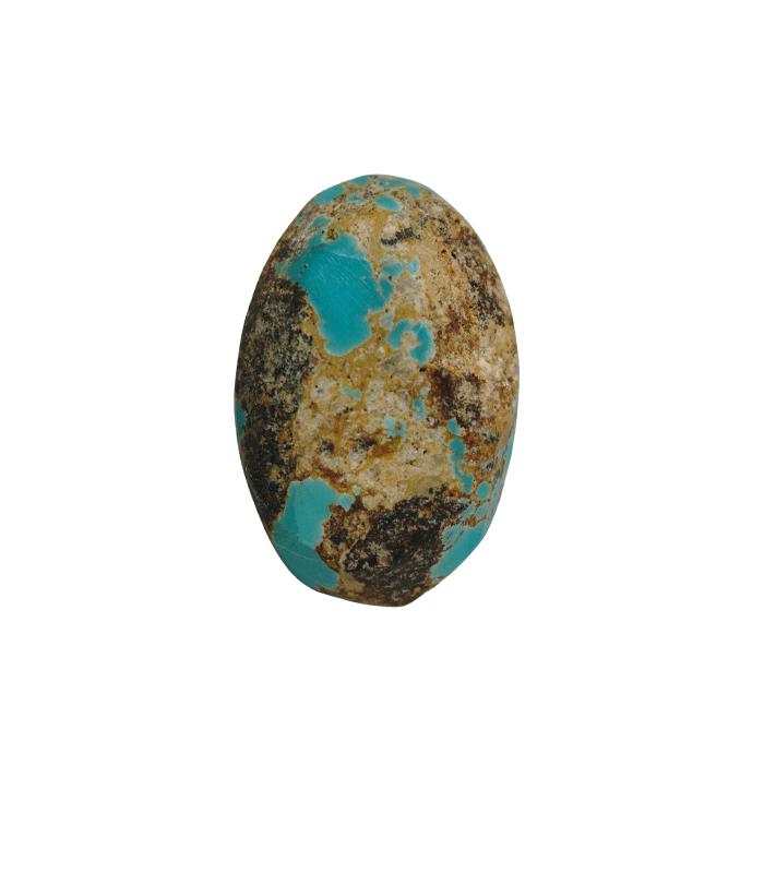 Back view of untreated Neyshabur turquoise cabochon showing golden-brown host rock with blue turquoise patches - T46