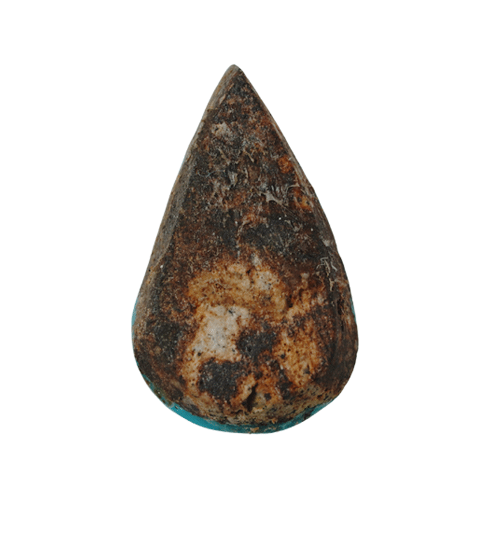 Back view of untreated Neyshabur turquoise cabochon showing dark brown host rock with a blue turquoise edge - T47