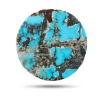 Natural Neyshabur turquoise round cabochon with sky-blue patches in black matrix, front view - T42