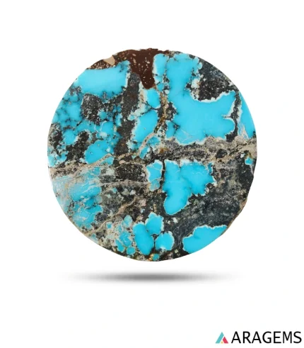 Natural Neyshabur turquoise round cabochon with sky-blue patches in black matrix, front view - T42