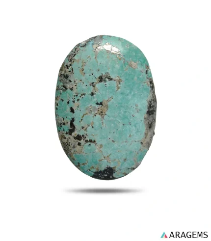 Natural green Kerman Persian turquoise oval cabochon with black matrix, front view - T55