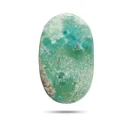 Natural green Kerman Persian turquoise elongated oval cabochon with teal-blue patches, front view - T57
