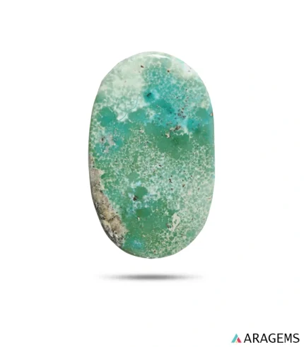 Natural green Kerman Persian turquoise elongated oval cabochon with teal-blue patches, front view - T57