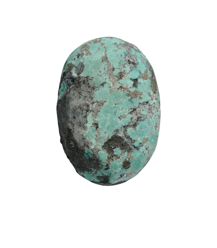 Back view of untreated Kerman Persian turquoise oval cabochon with dark grey-black host rock - T55