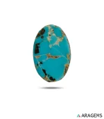 Natural blue Neyshabur turquoise oval cabochon with golden and black matrix, front view - T46