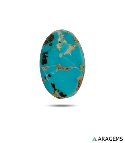 Natural blue Neyshabur turquoise oval cabochon with golden and black matrix, front view - T46