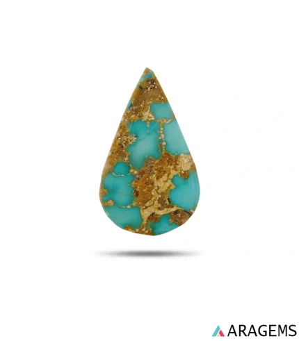 Natural blue Neyshabur turquoise teardrop cabochon with golden-brown matrix, front view - T52
