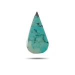 Natural teal Neyshabur turquoise teardrop cabochon with dark spiderweb matrix, front view - T53