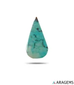 Natural teal Neyshabur turquoise teardrop cabochon with dark spiderweb matrix, front view - T53