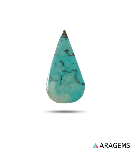 Natural teal Neyshabur turquoise teardrop cabochon with dark spiderweb matrix, front view - T53