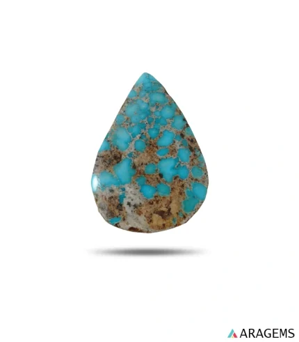 Natural blue Neyshabur turquoise teardrop cabochon with light brown host-rock matrix, front view - T54