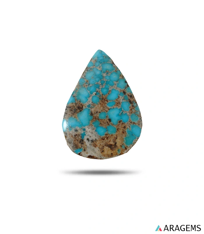 Natural blue Neyshabur turquoise teardrop cabochon with light brown host-rock matrix, front view - T54