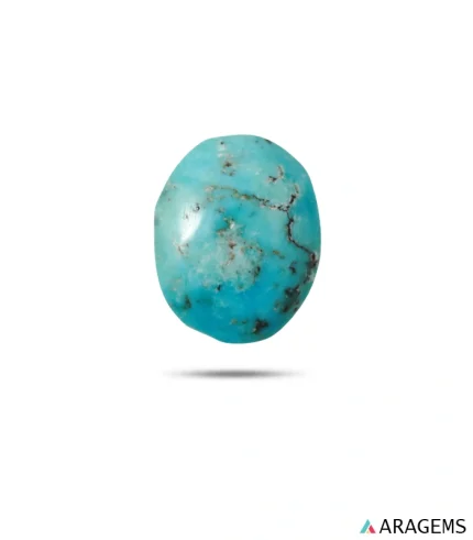 Natural blue Persian turquoise oval cabochon from Neyshabur with fine dark matrix, front view - T56