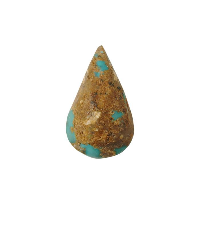 Back view of untreated Neyshabur turquoise teardrop cabochon with natural brown host rock - T52