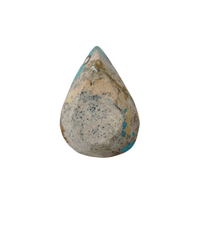 Back view of untreated Neyshabur turquoise teardrop cabochon with natural beige host rock - T54