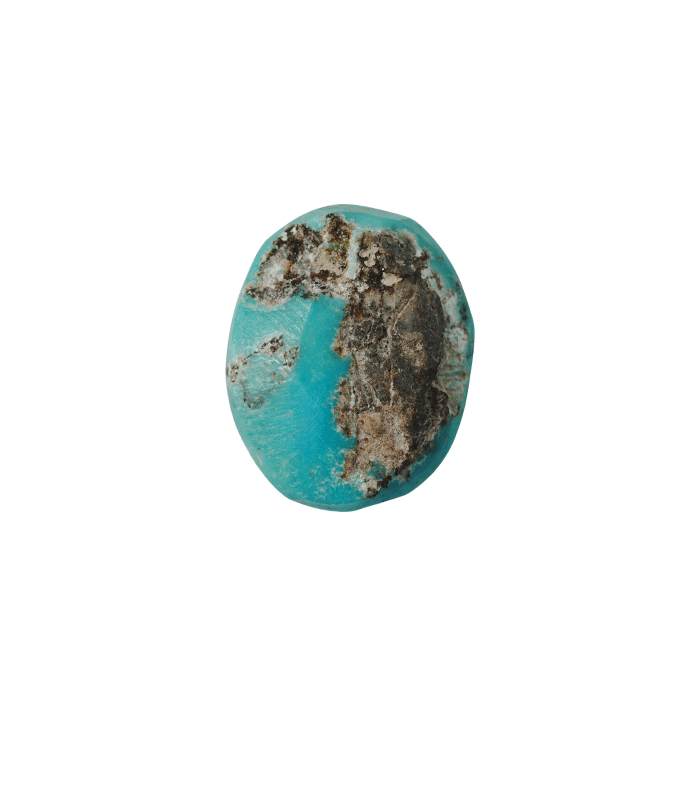 Back view of untreated Neyshabur Persian turquoise oval cabochon with brown and grey host rock - T56
